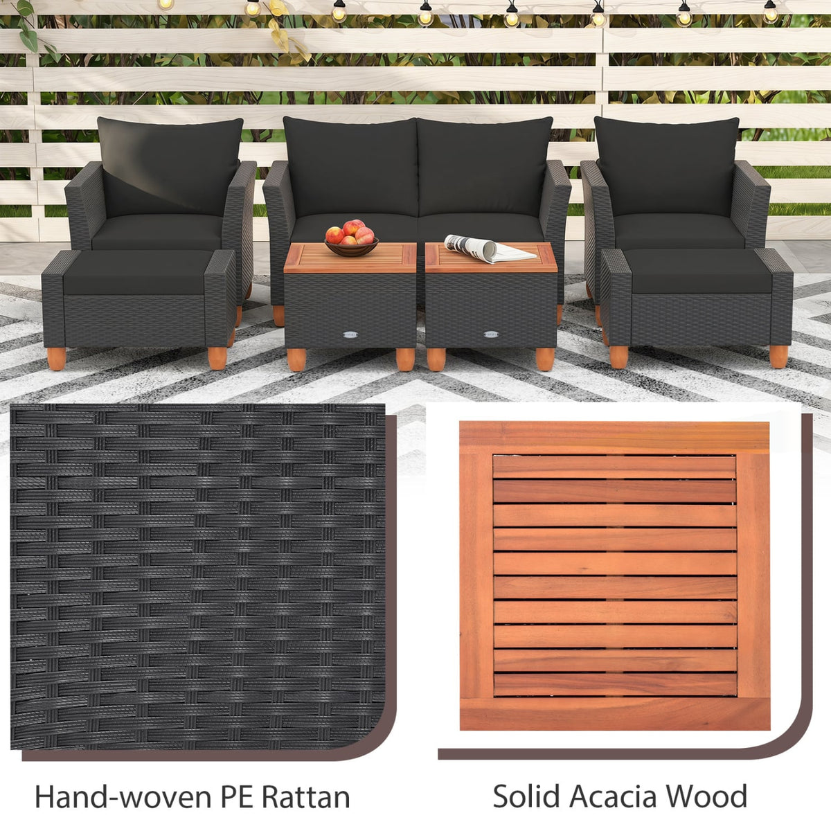 7 Piece Wicker Patio Conversation Set with 2 Storage Side Tables and 2 Ottomans, Black