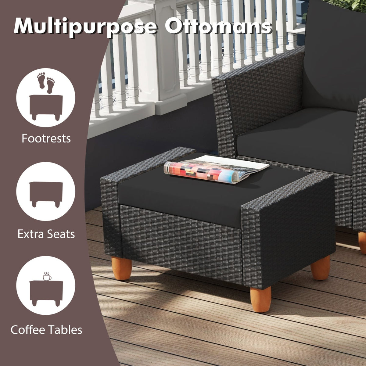 7 Piece Wicker Patio Conversation Set with 2 Storage Side Tables and 2 Ottomans, Black
