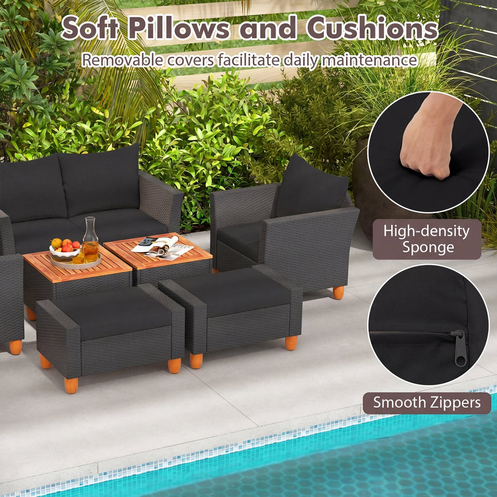 7 Piece Wicker Patio Conversation Set with 2 Storage Side Tables and 2 Ottomans, Black