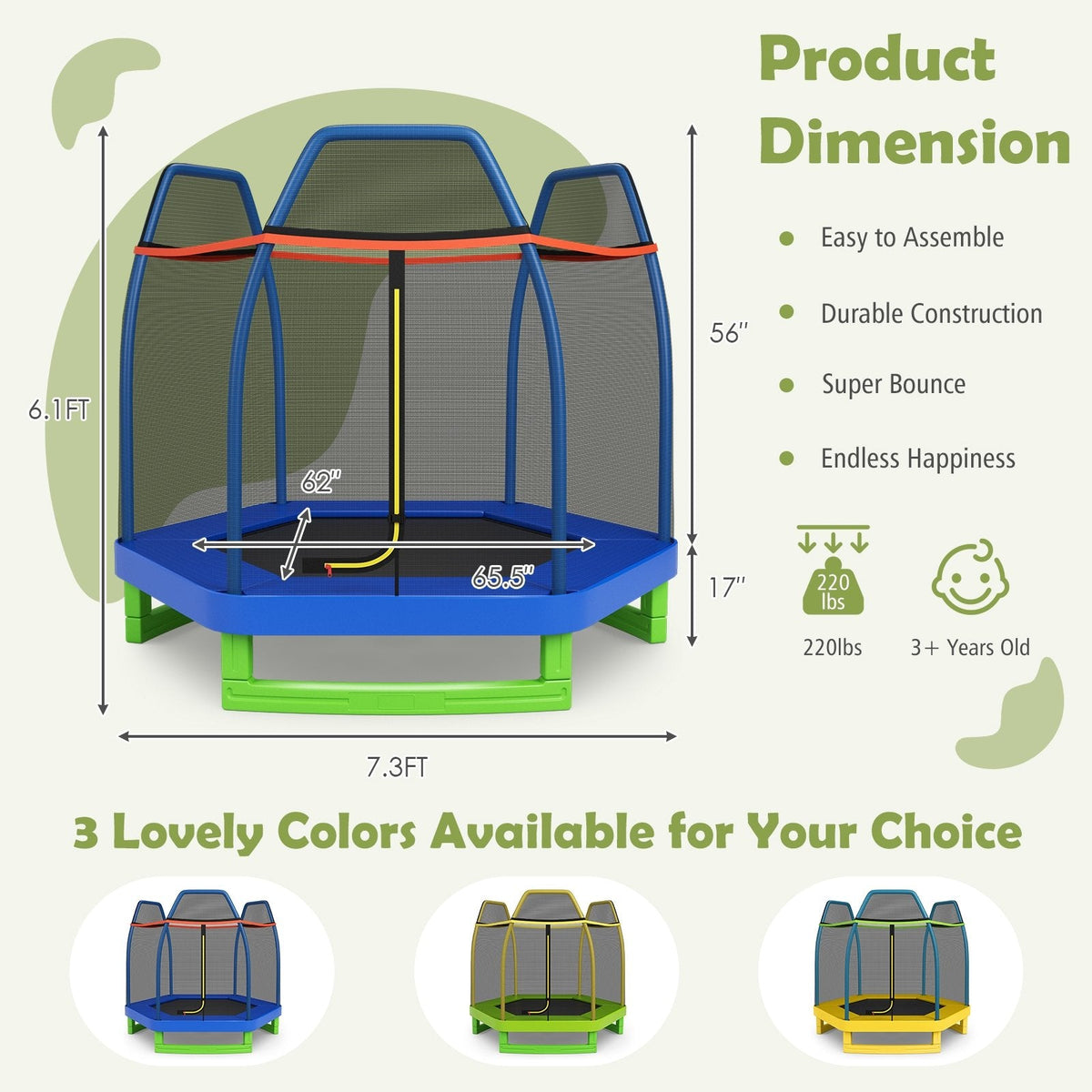 7 Ft Kids Trampoline W/ Safety Enclosure Net-Blue