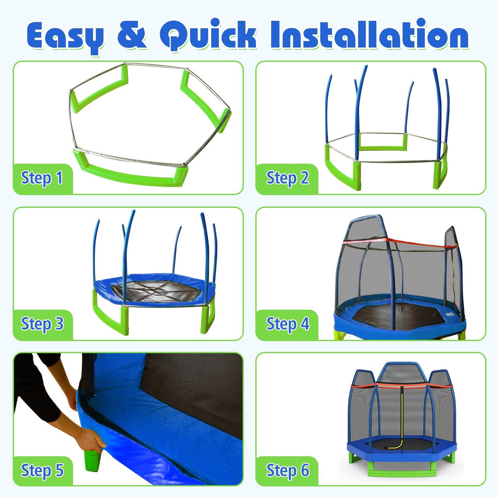 7 Ft Kids Trampoline W/ Safety Enclosure Net-Blue
