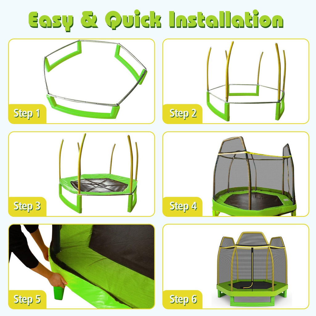 7FT Kids Trampoline with Safety Enclosure Net-Green