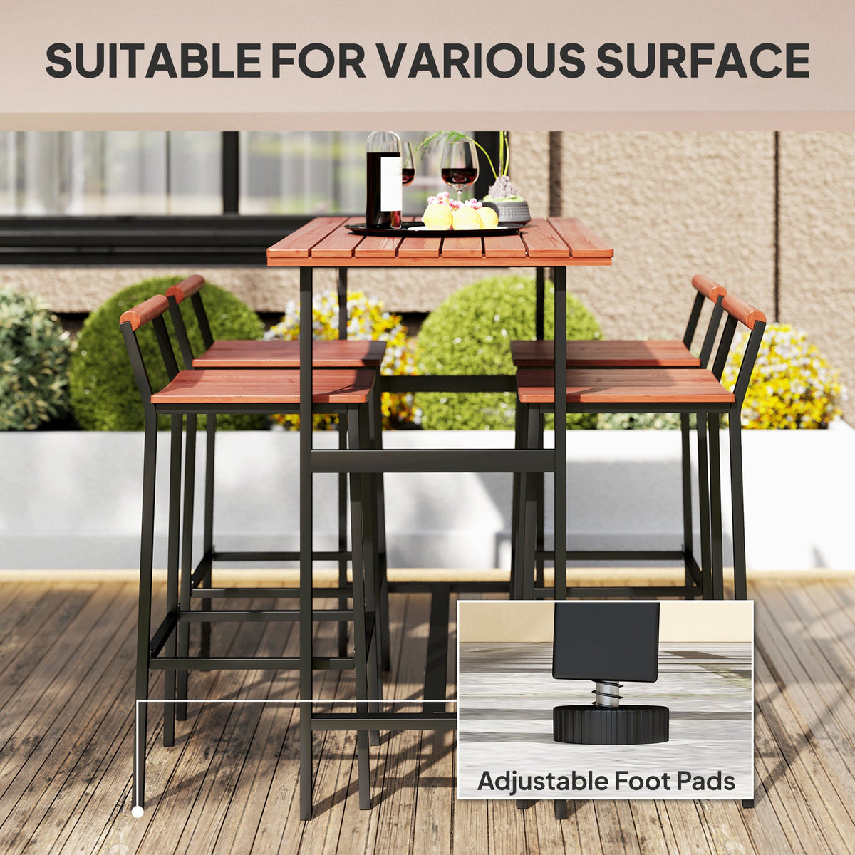 5 Piece Patio Bar Set with 47" Bar Height Table and 4 Bar Stools, for Backyard, Balcony, Porch, Pool, Lawn, Brown