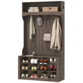 4-In-1 Hall Tree with Bench and Shoe Storage, Farmhouse Coat Rack Shoe Bench with 12 Shoe Cubbies, 6 Hooks, Dark Brown