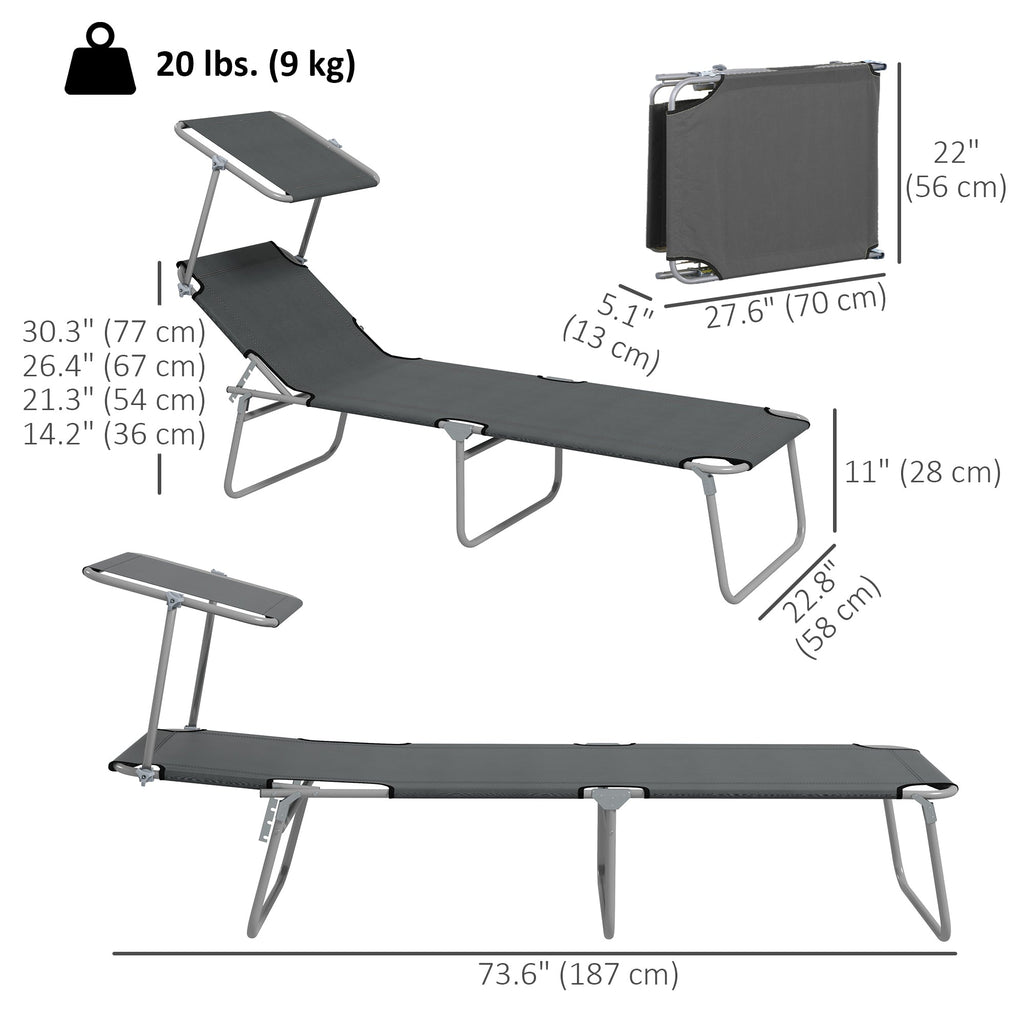 2Pcs Outdoor Lounge Chair, Adjustable Folding Chaise Lounge with Sun Shade for Beach, Camping, Hiking, Grey