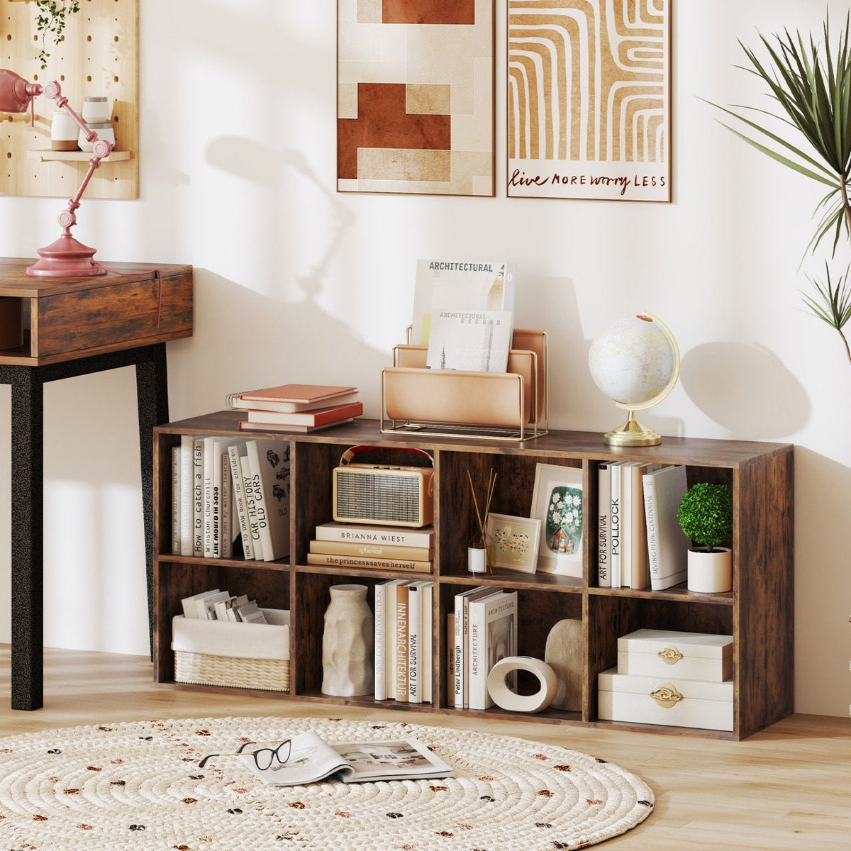 8-Cube Bookcase Bookshelf with 2 Anti-Tipping Kits Storage Organizer-Rustic Brown