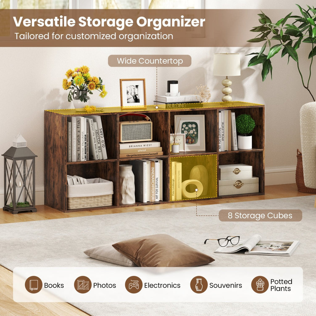 8-Cube Bookcase Bookshelf with 2 Anti-Tipping Kits Storage Organizer-Rustic Brown