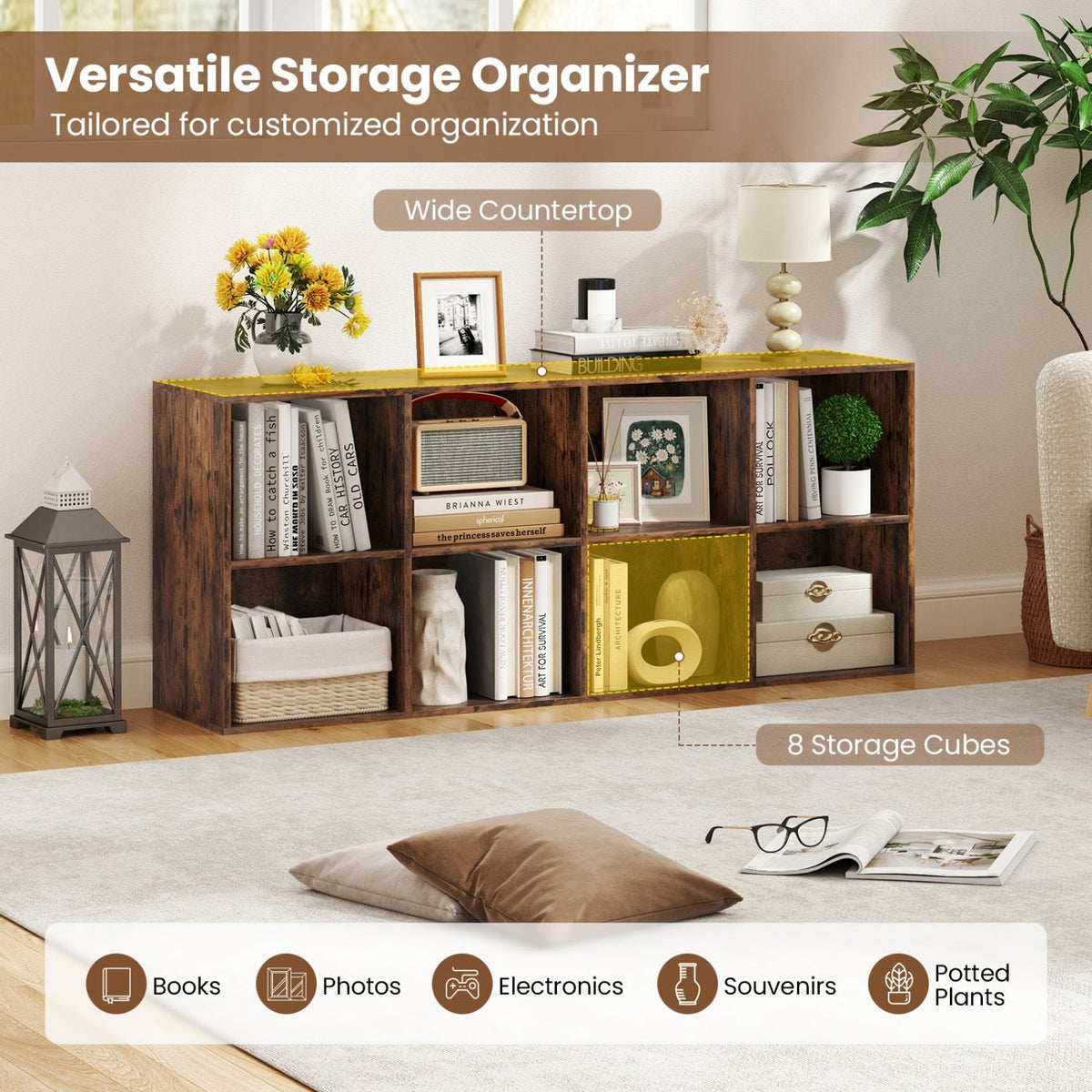 8-Cube Bookcase Bookshelf with 2 Anti-Tipping Kits Storage Organizer-Rustic Brown