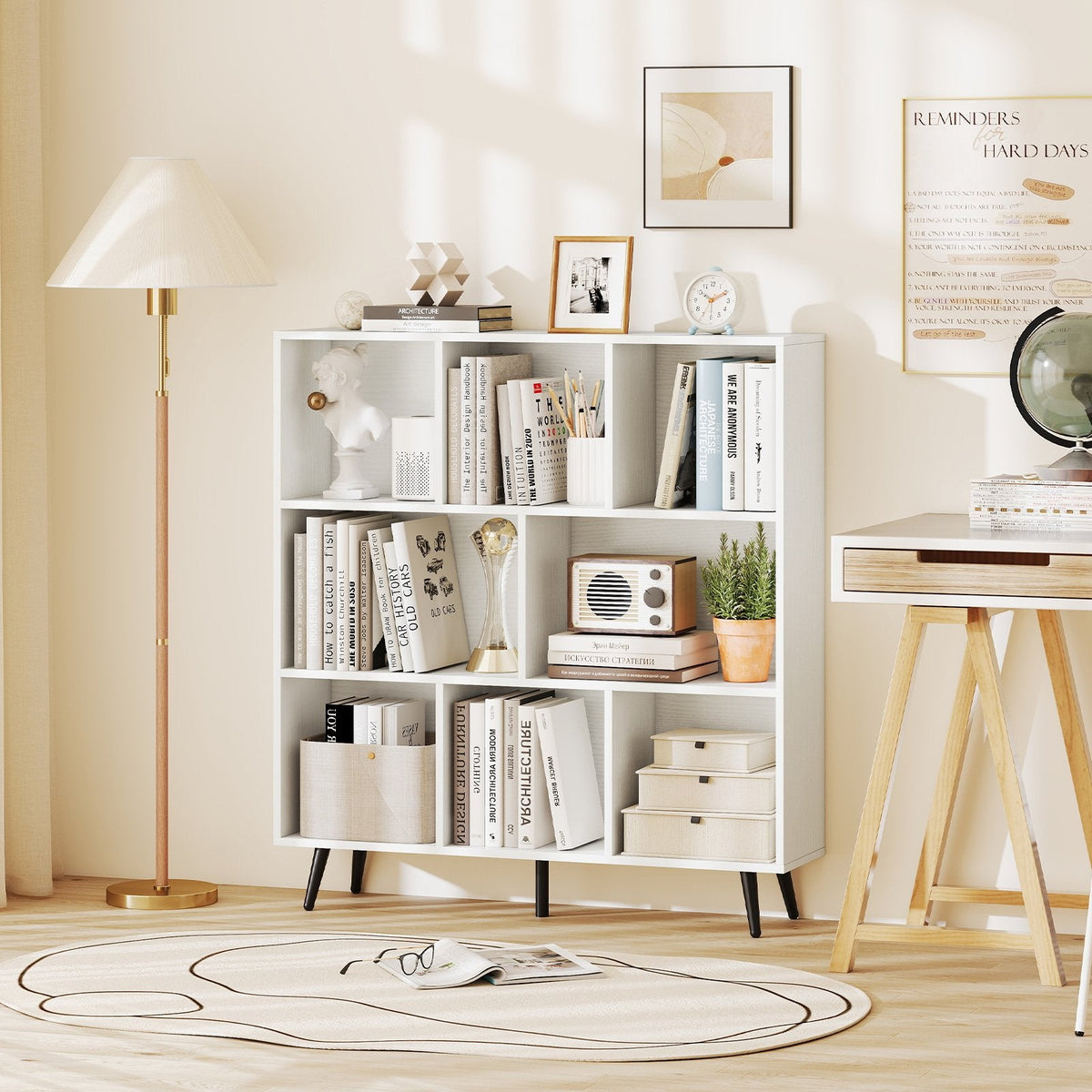 8-Cube Bookcase with 5 Tapered Metal Legs-White