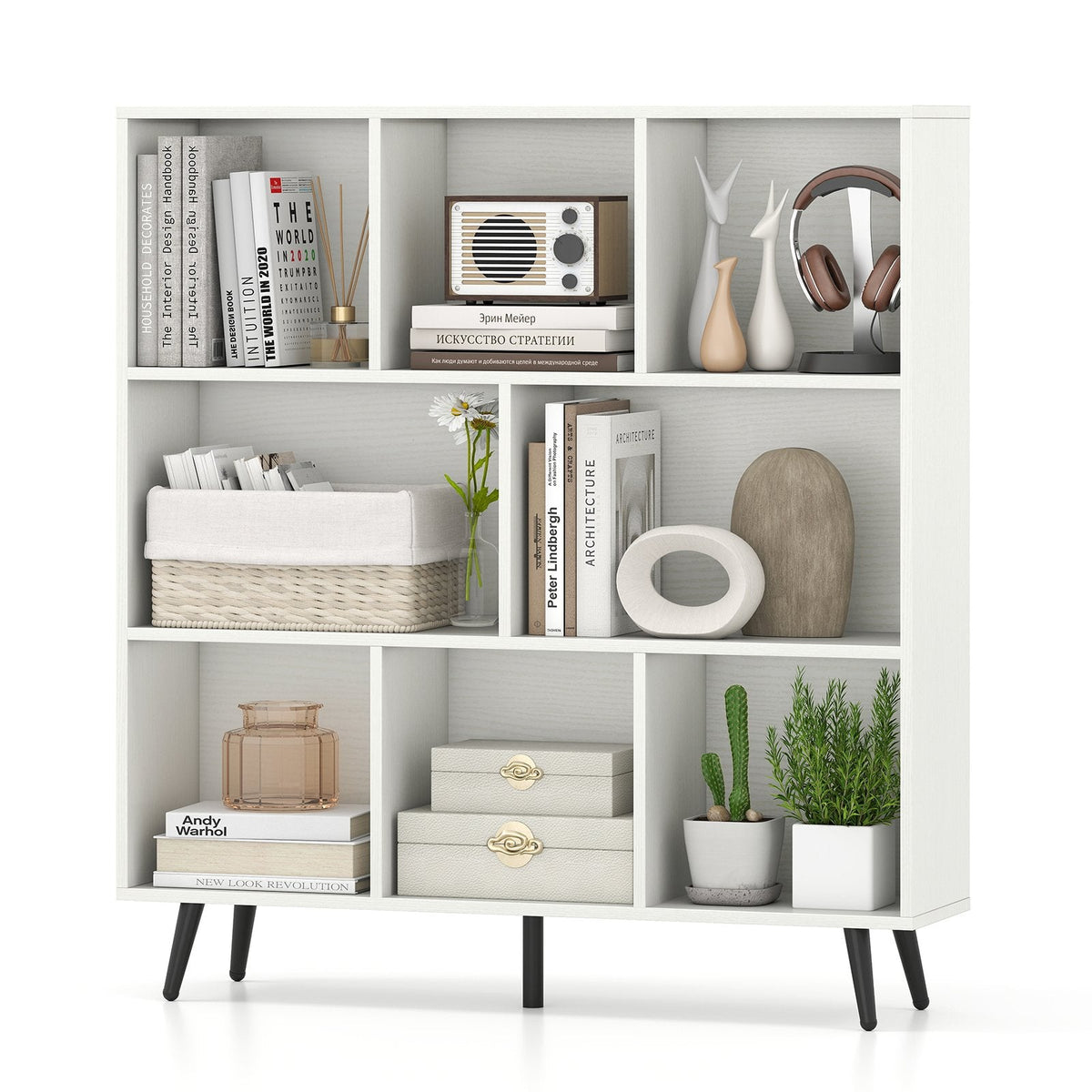 8-Cube Bookcase with 5 Tapered Metal Legs-White