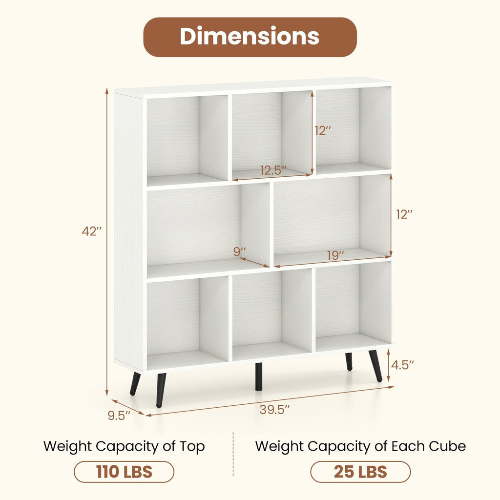 8-Cube Bookcase with 5 Tapered Metal Legs-White