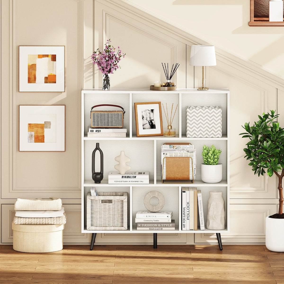 8-Cube Bookcase with 5 Tapered Metal Legs-White