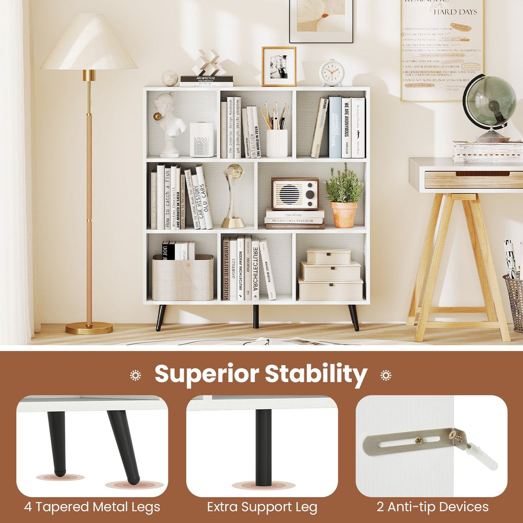 8-Cube Bookcase with 5 Tapered Metal Legs-White