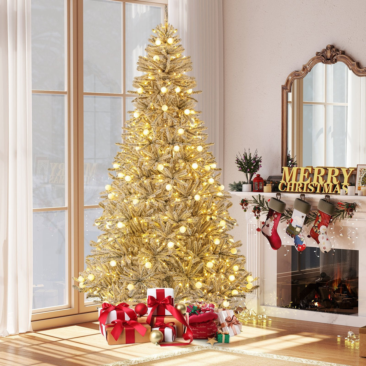 8 FT Silver Flocked Pre-Lit Christmas Tree, 1273 Tips, 81 Frosted Sphere Lights and Remote
