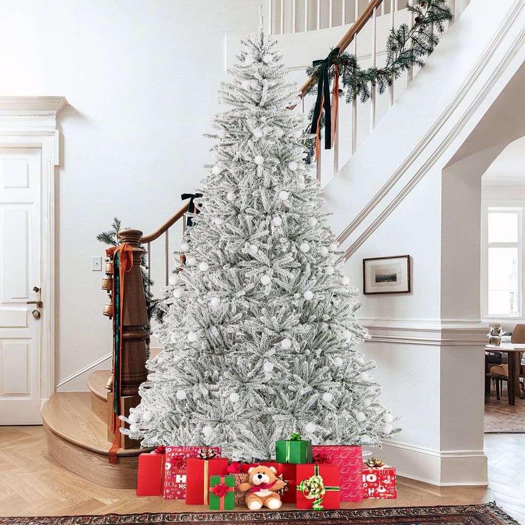 8 FT Silver Flocked Pre-Lit Christmas Tree, 1273 Tips, 81 Frosted Sphere Lights and Remote
