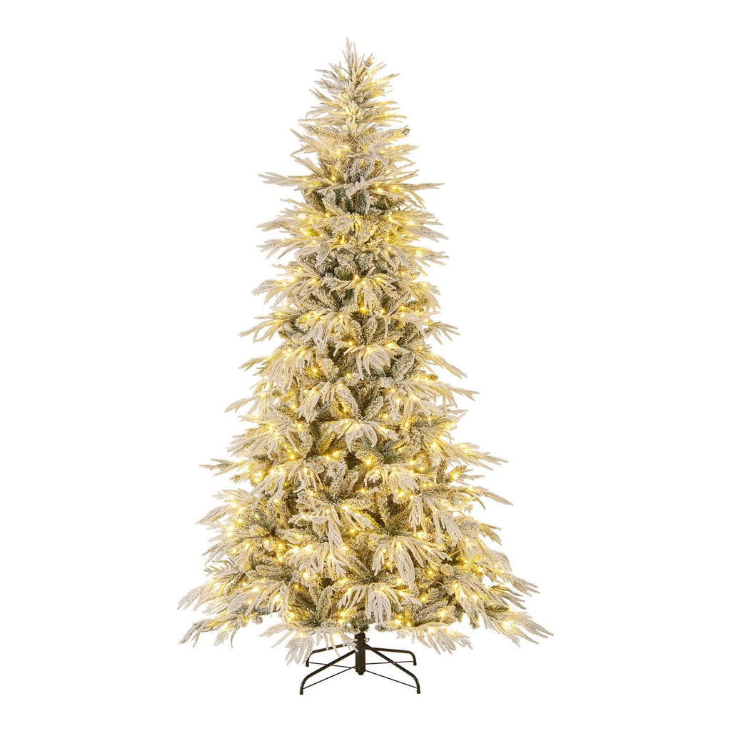 8 FT Snow Flocked Pre-Lit Christmas Tree with Drooping Branches, 1108 Tips and 450 Warm White LEDs