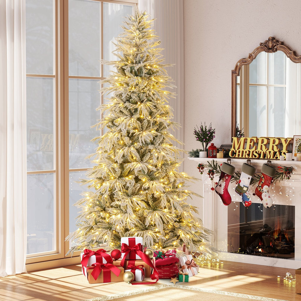 8 FT Snow Flocked Pre-Lit Christmas Tree with Drooping Branches, 1108 Tips and 450 Warm White LEDs