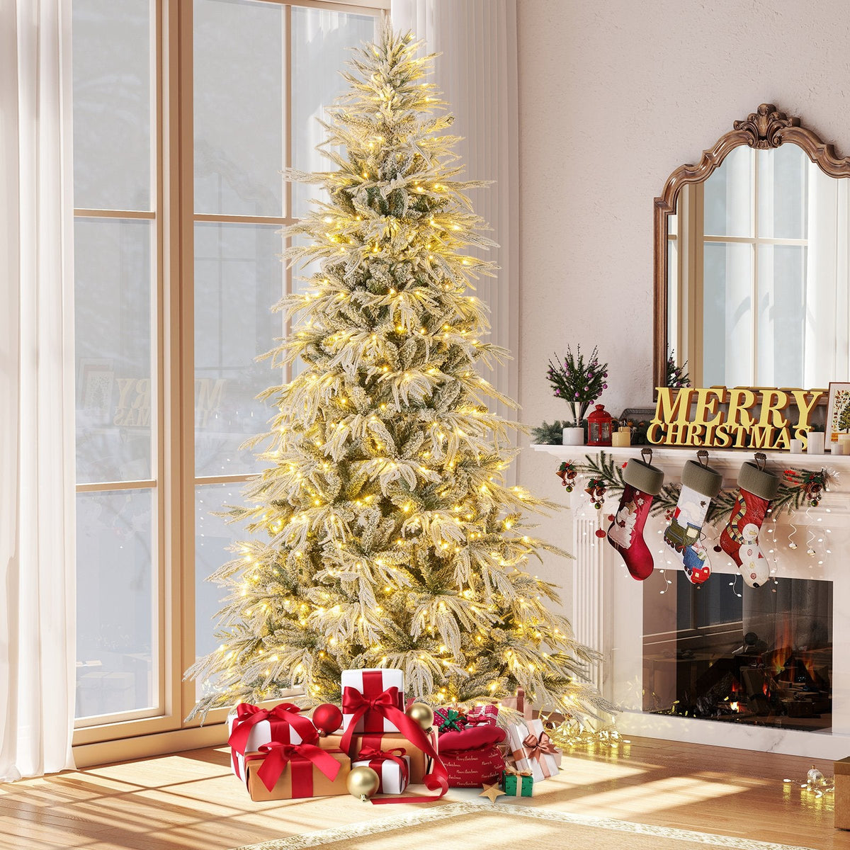 8 FT Snow Flocked Pre-Lit Christmas Tree with Drooping Branches, 1108 Tips and 450 Warm White LEDs