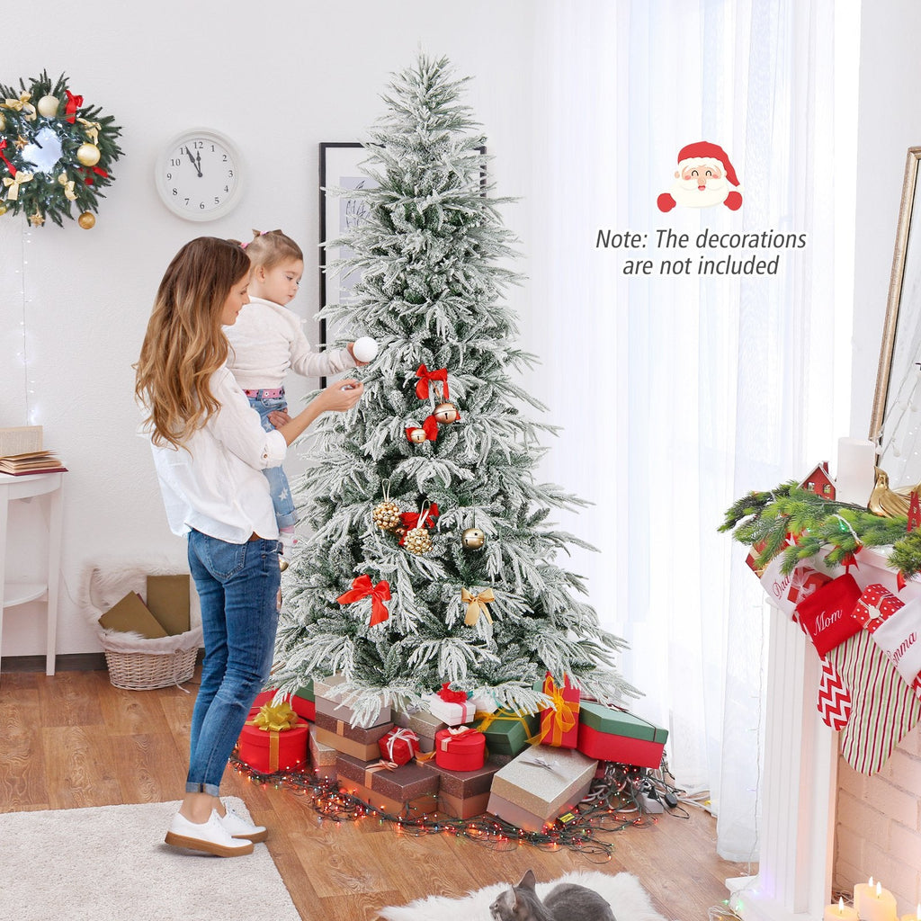 8 FT Snow Flocked Pre-Lit Christmas Tree with Drooping Branches, 1108 Tips and 450 Warm White LEDs