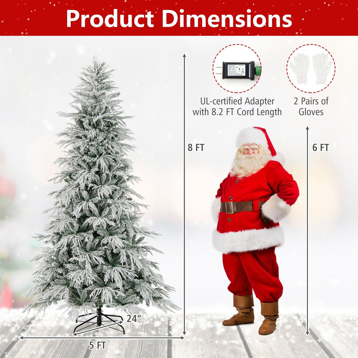 8 FT Snow Flocked Pre-Lit Christmas Tree with Drooping Branches, 1108 Tips and 450 Warm White LEDs