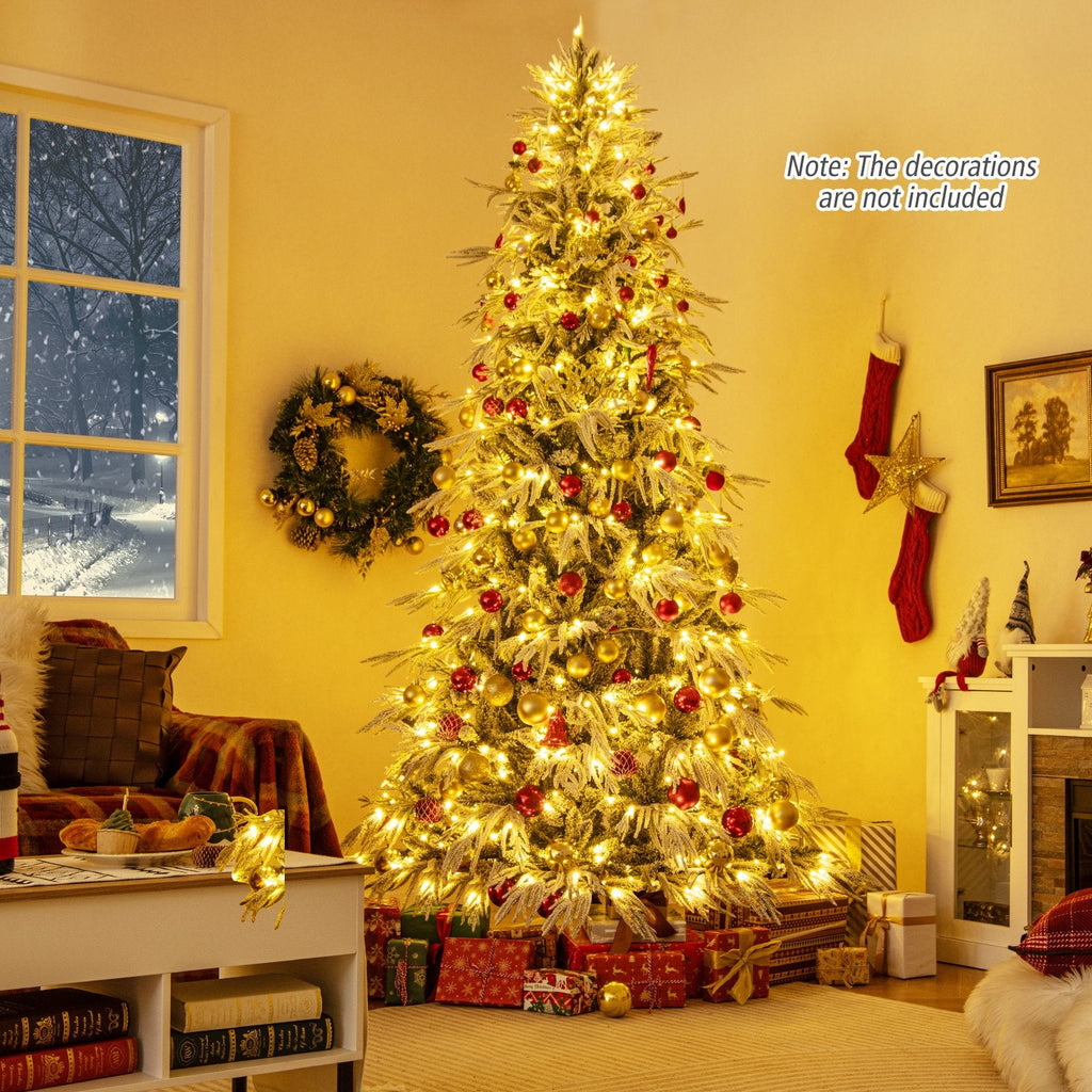 8 FT Snow Flocked Pre-Lit Christmas Tree with Drooping Branches, 1108 Tips and 450 Warm White LEDs