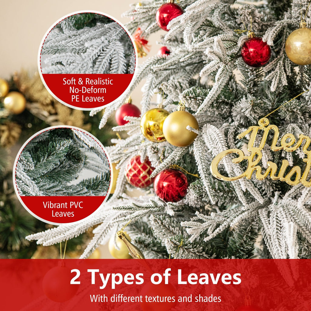 8 FT Snow Flocked Pre-Lit Christmas Tree with Drooping Branches, 1108 Tips and 450 Warm White LEDs