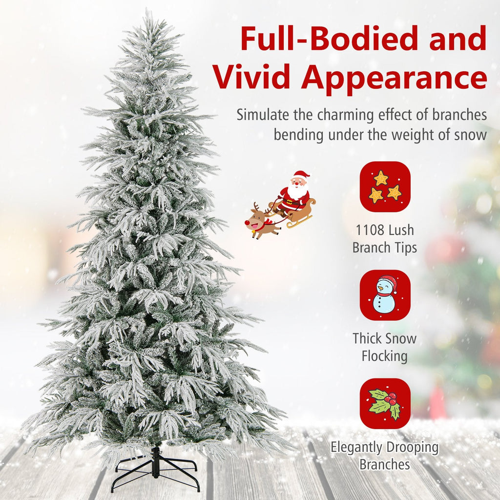 8 FT Snow Flocked Pre-Lit Christmas Tree with Drooping Branches, 1108 Tips and 450 Warm White LEDs