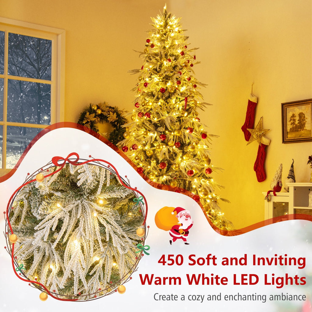 8 FT Snow Flocked Pre-Lit Christmas Tree with Drooping Branches, 1108 Tips and 450 Warm White LEDs