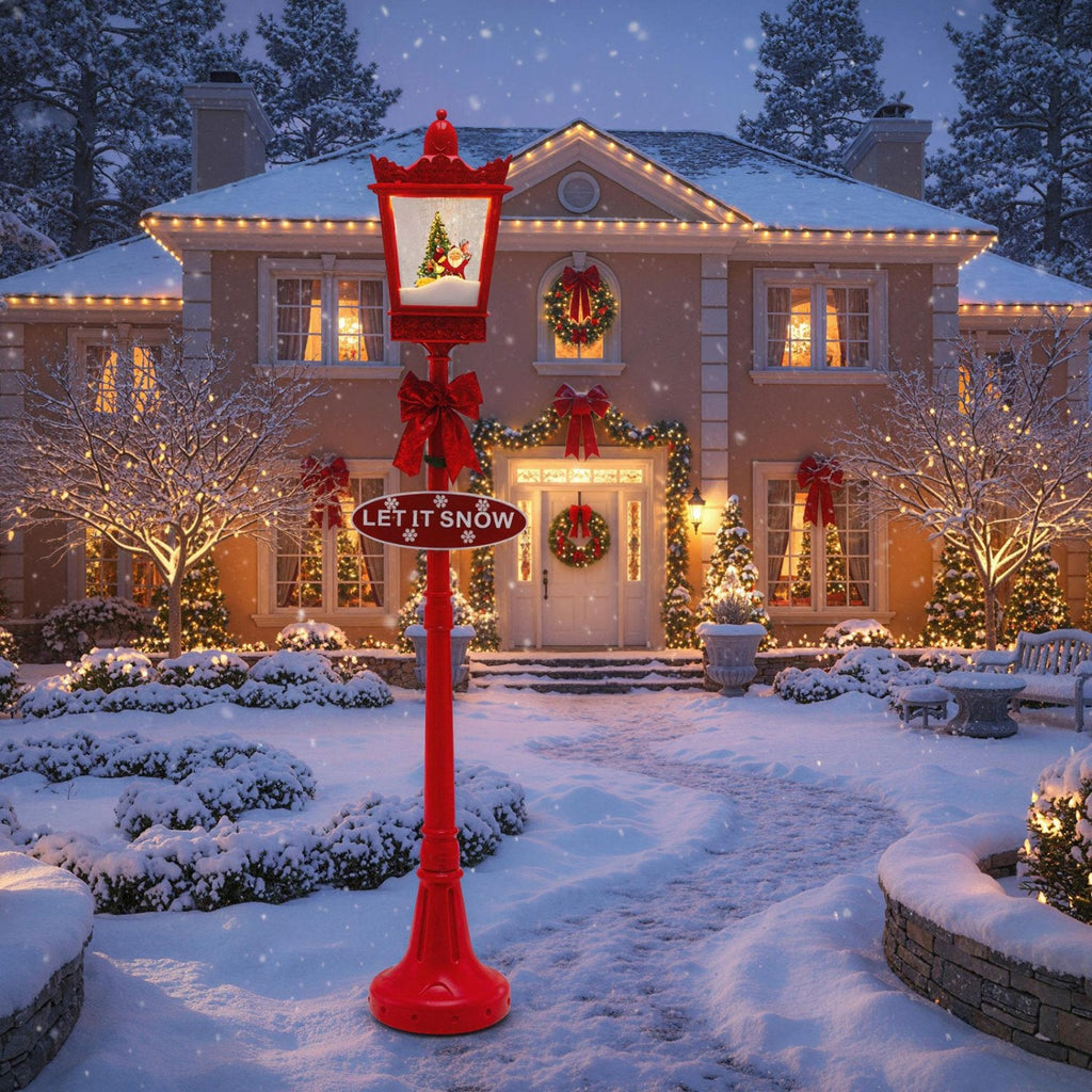 8 ft Musical Christmas Streetlight with Warm White LED Lights and Snowy Effects-RED