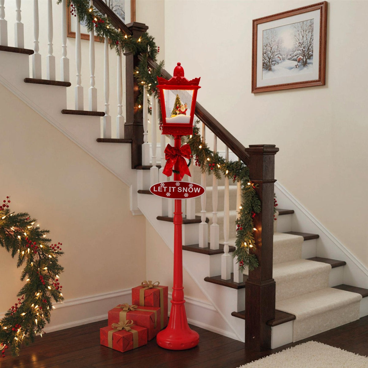 8 ft Musical Christmas Streetlight with Warm White LED Lights and Snowy Effects-RED
