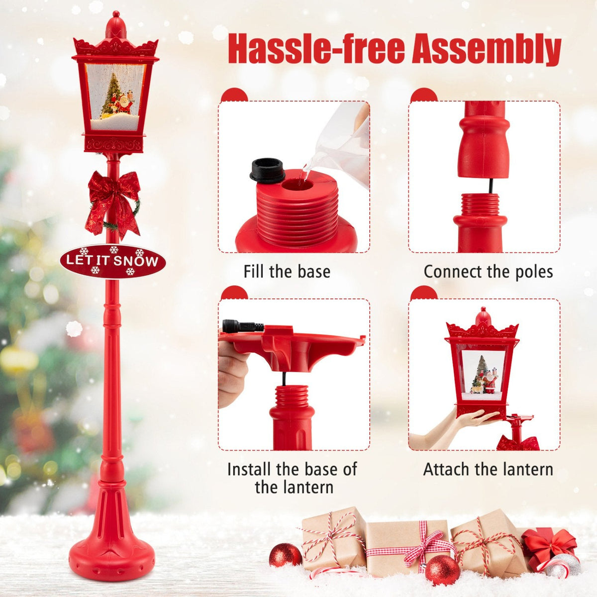 8 ft Musical Christmas Streetlight with Warm White LED Lights and Snowy Effects-RED