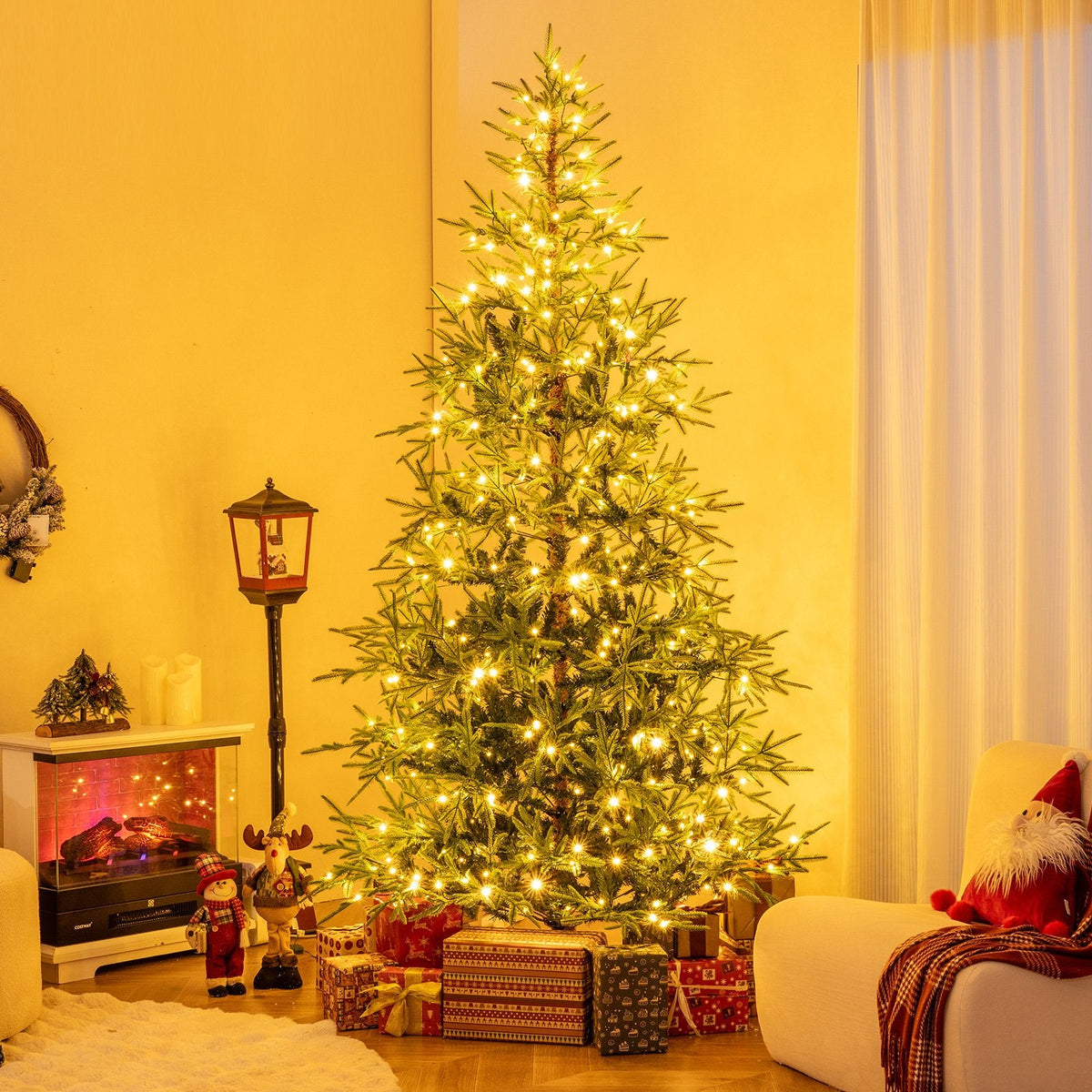 8 FT Pre-Lit Artificial Christmas Tree with 890 Tips, 400 Warm White and Multicolour LEDs, 11 Modes