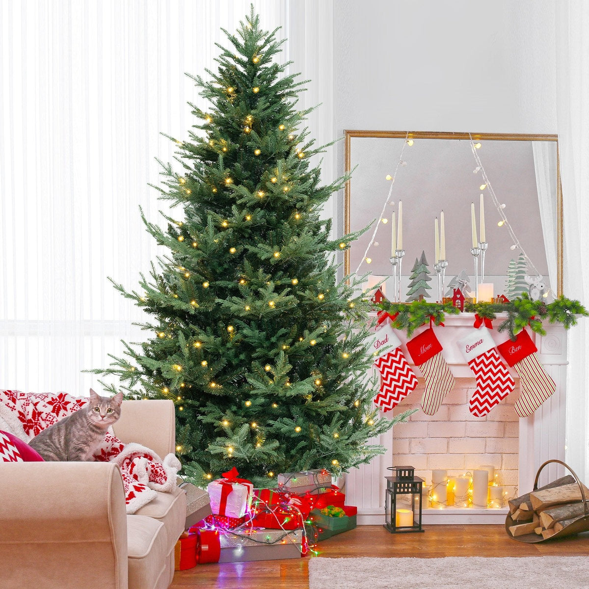 8 FT Pre-Lit Artificial Christmas Tree, 5.6 FT Wide, 1480 PVC and PE Tips, 450 LEDs, 8 Modes