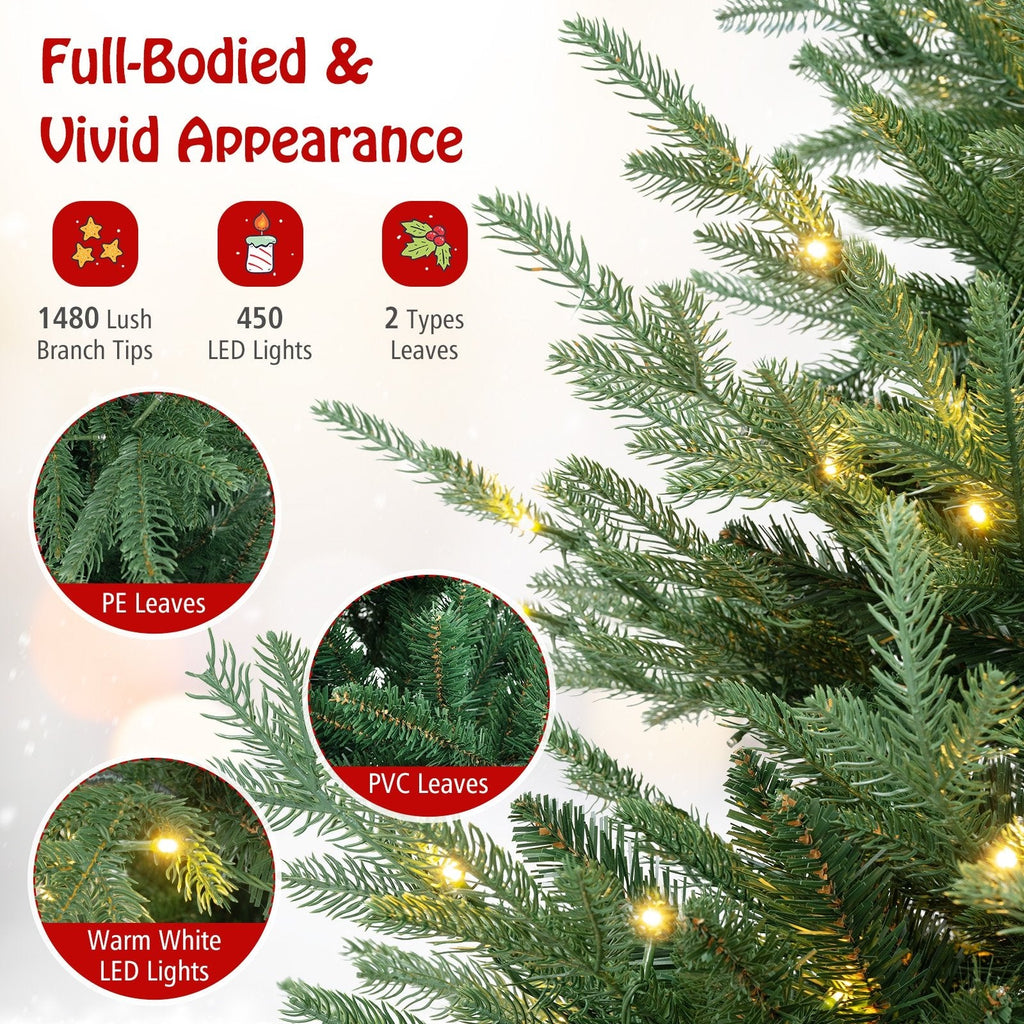 8 FT Pre-Lit Artificial Christmas Tree, 5.6 FT Wide, 1480 PVC and PE Tips, 450 LEDs, 8 Modes