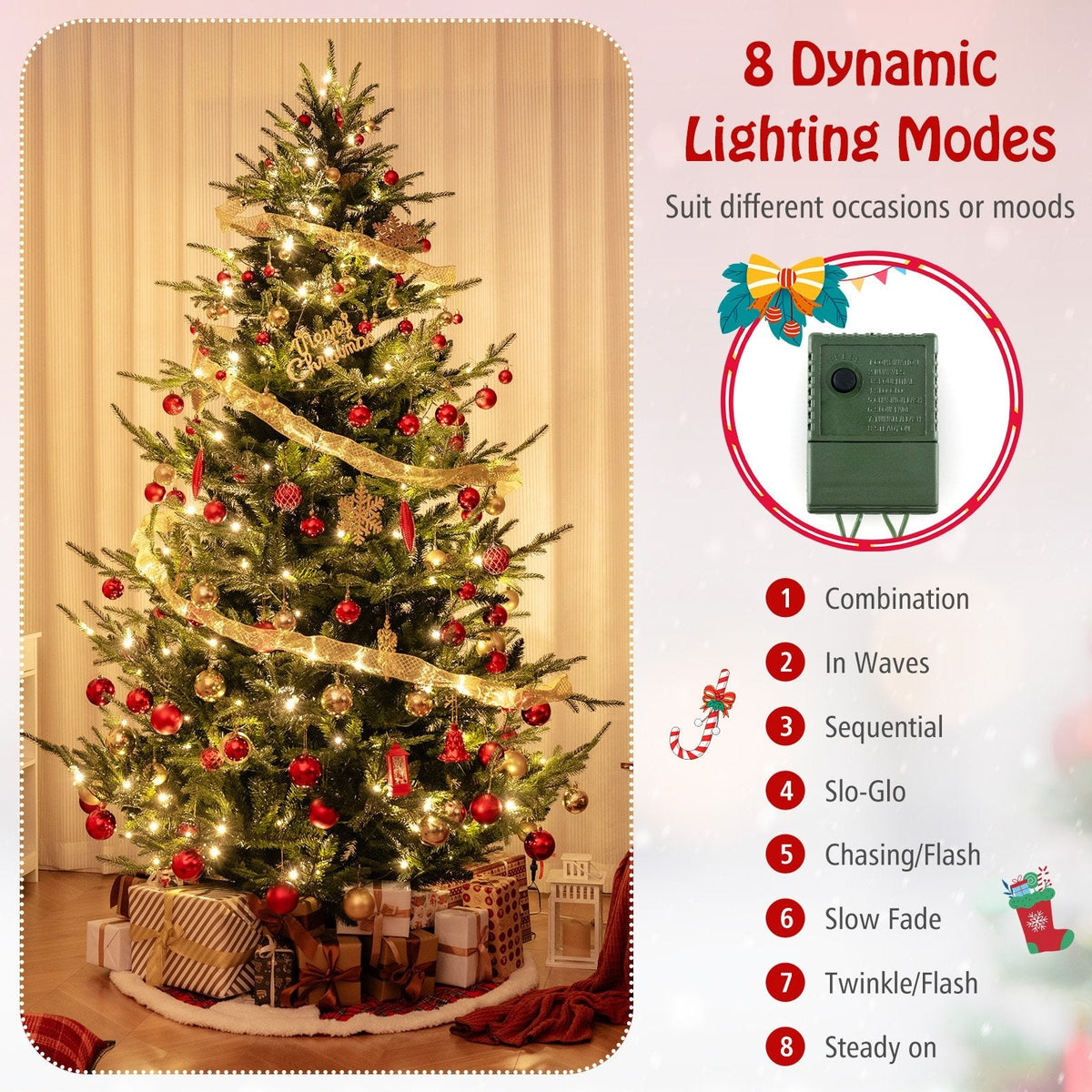 8 FT Pre-Lit Artificial Christmas Tree, 5.6 FT Wide, 1480 PVC and PE Tips, 450 LEDs, 8 Modes