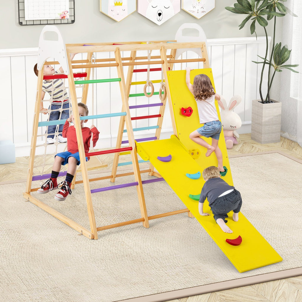 8-in-1 Wooden Jungle Gym Playset with Slide and Monkey Bars-Multicolor