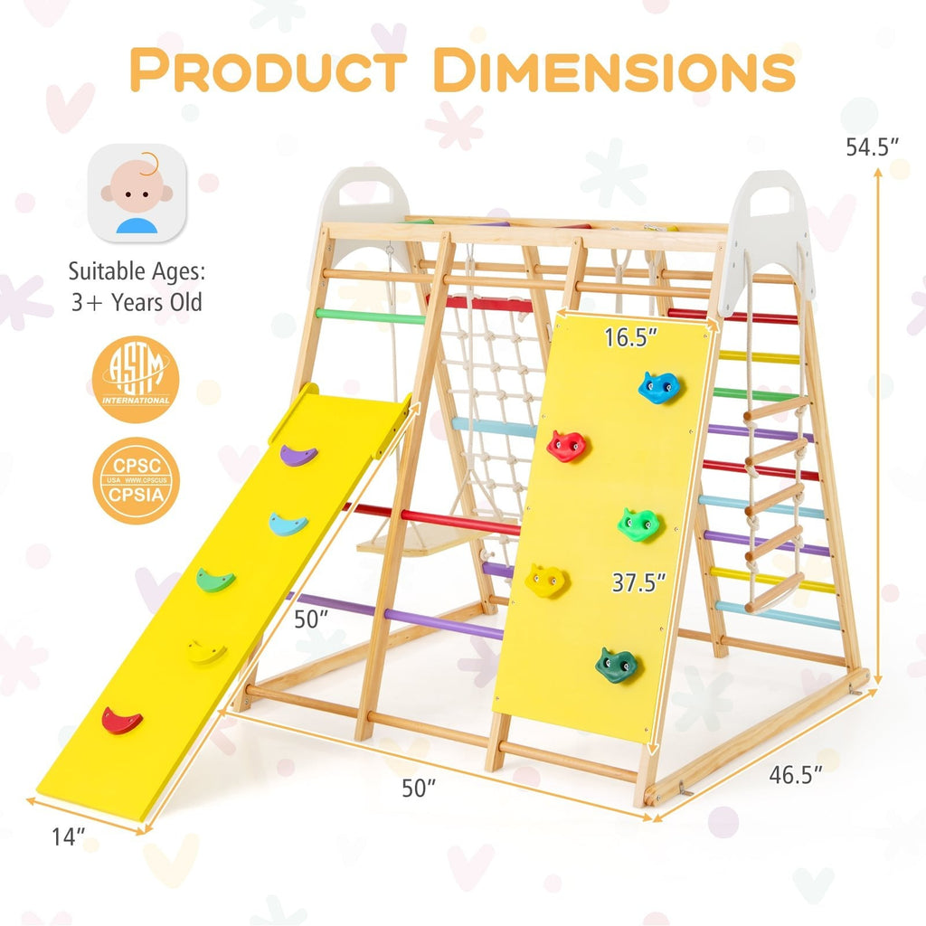8-in-1 Wooden Jungle Gym Playset with Slide and Monkey Bars-Multicolor