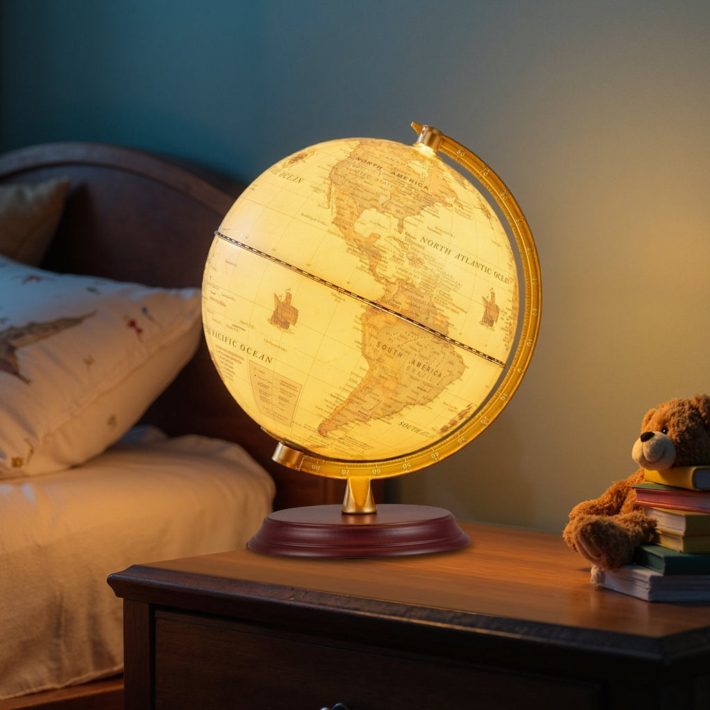 8 Inch Illuminated World Globe Night Light up Globe Lamp with Wooden Stand and HD Map-Brozen