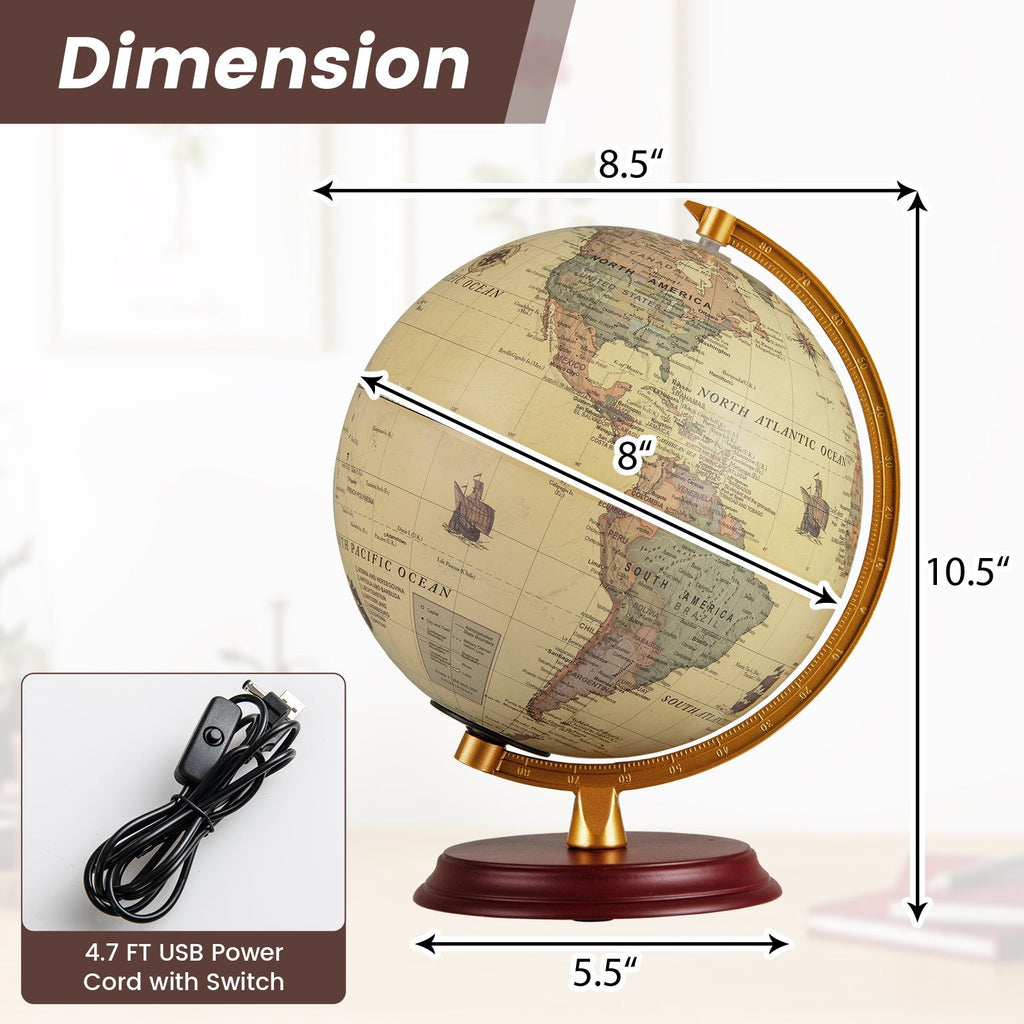 8 Inch Illuminated World Globe Night Light up Globe Lamp with Wooden Stand and HD Map-Brozen
