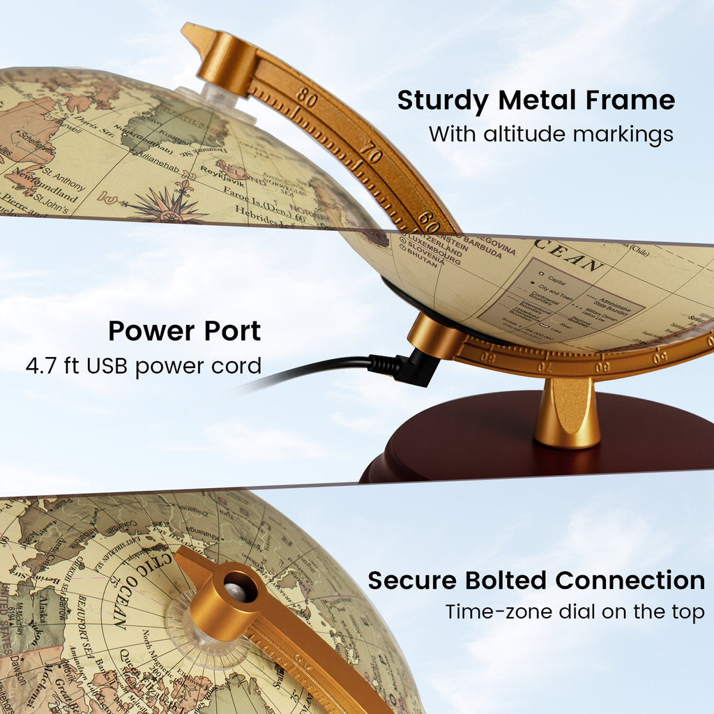 8 Inch Illuminated World Globe Night Light up Globe Lamp with Wooden Stand and HD Map-Brozen