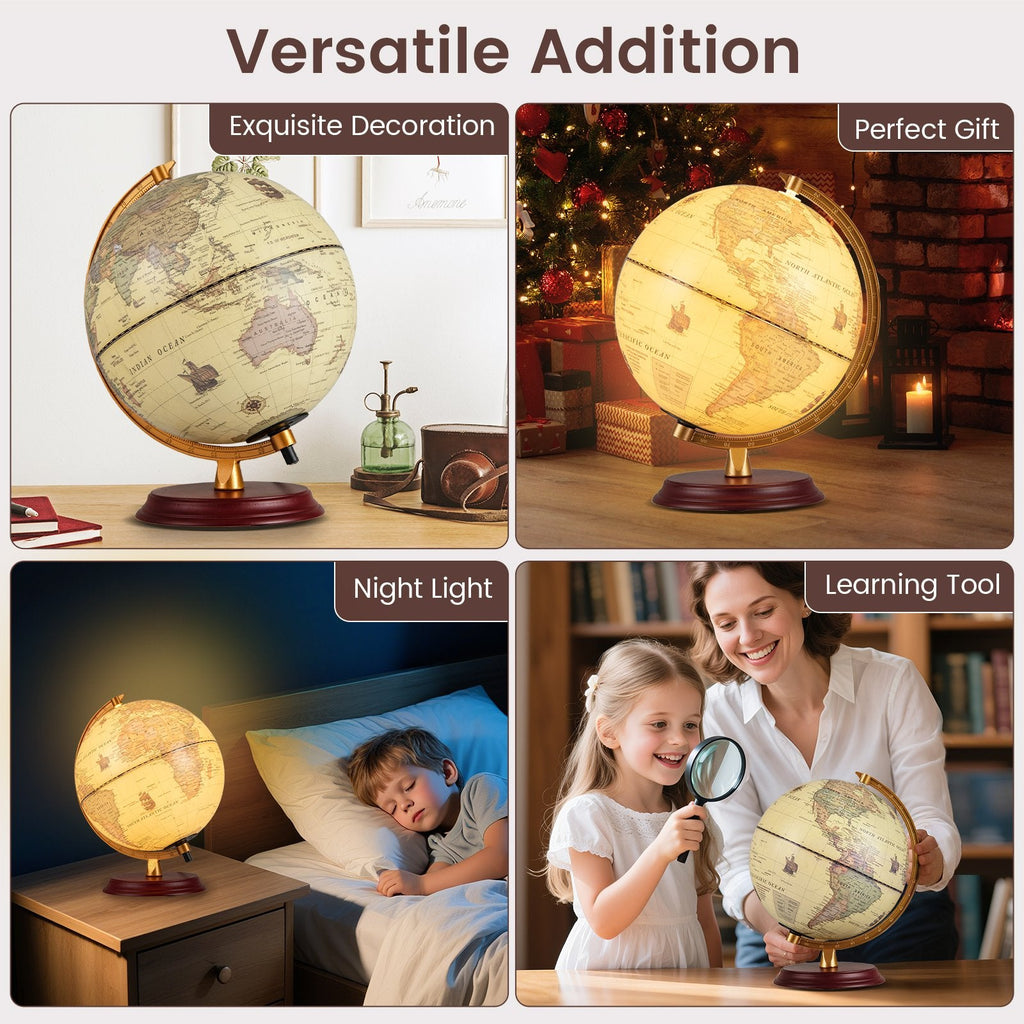 8 Inch Illuminated World Globe Night Light up Globe Lamp with Wooden Stand and HD Map-Brozen