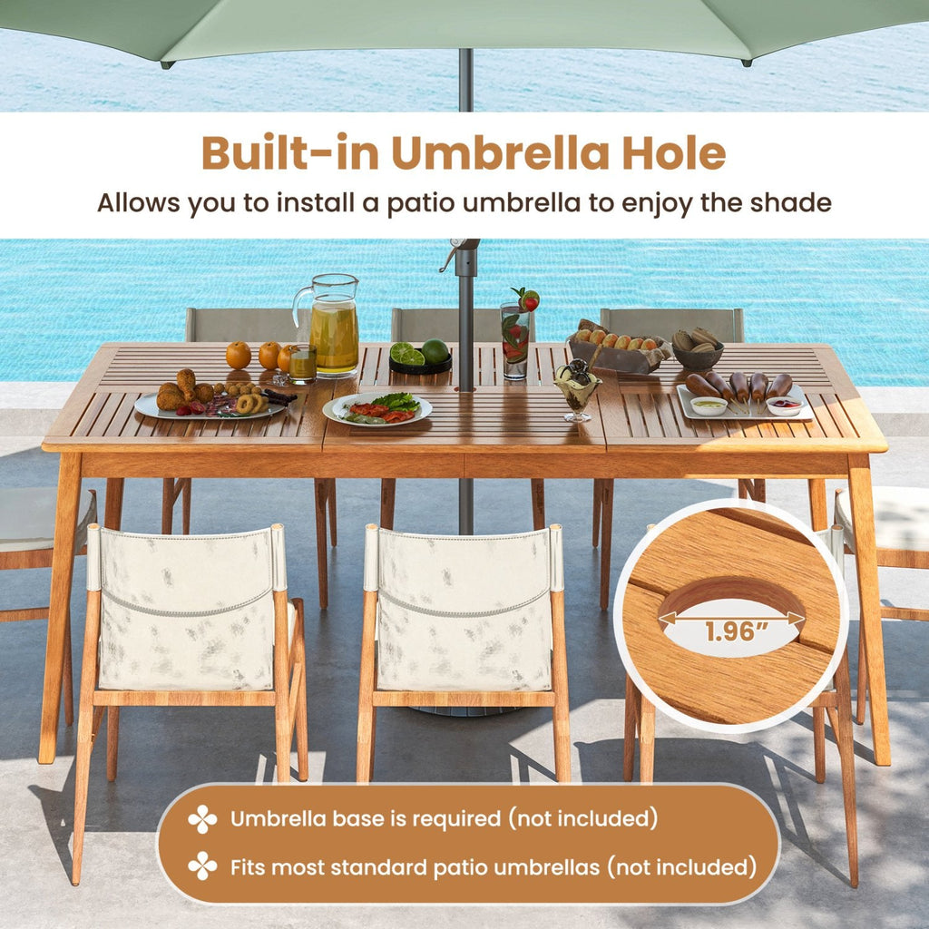 8-Person Outdoor Acacia Wood Dining Rectangular Bistro Table with Umbrella Hole