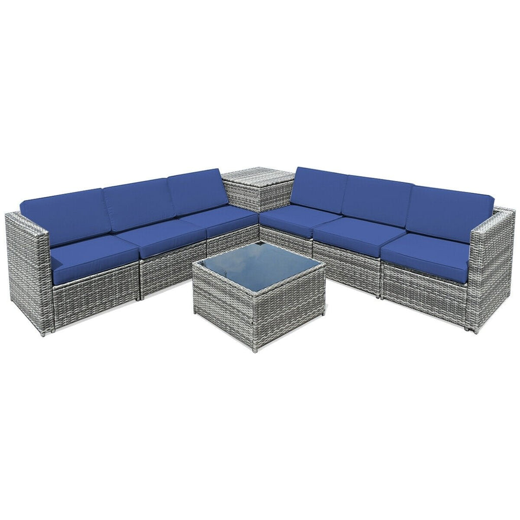 8 Piece Wicker Sectional Set with Storage Cabinet and Glass Coffee Table, Navy