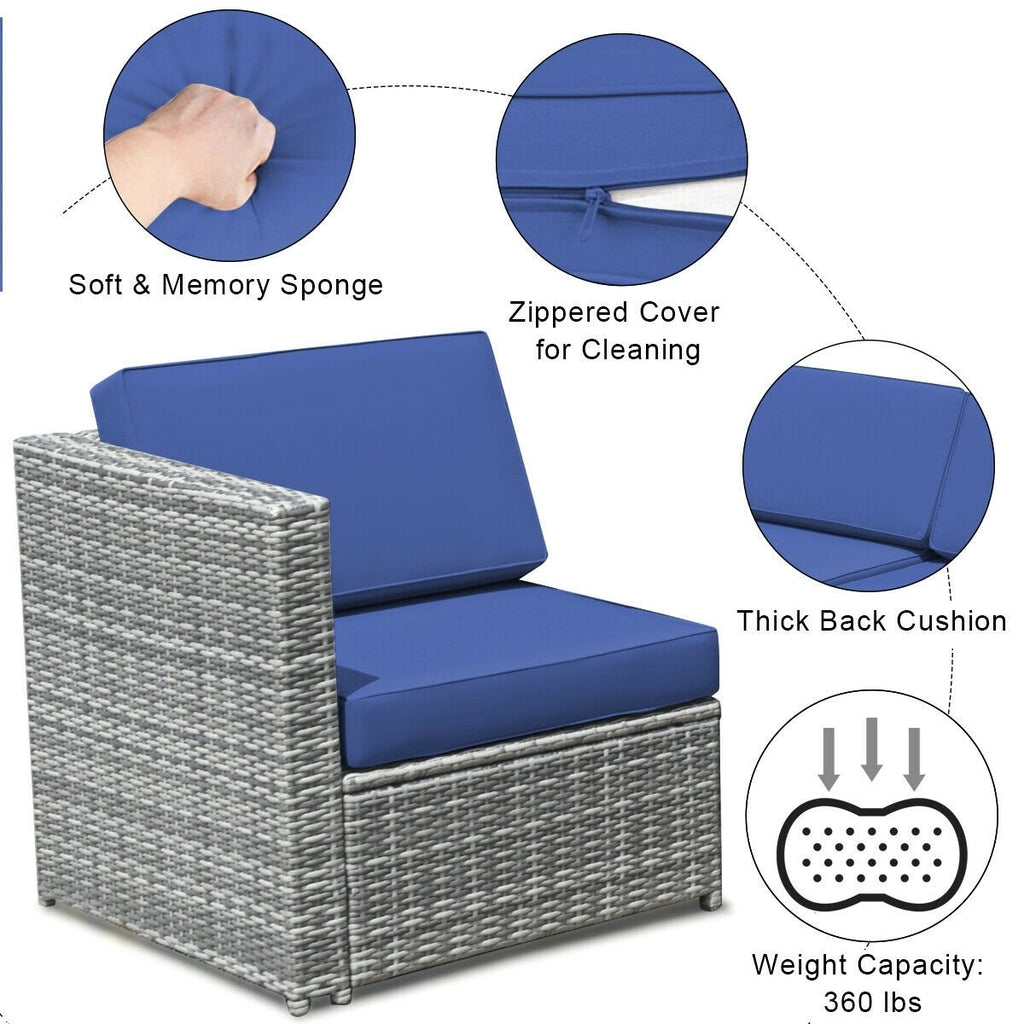 8 Piece Wicker Sectional Set with Storage Cabinet and Glass Coffee Table, Navy