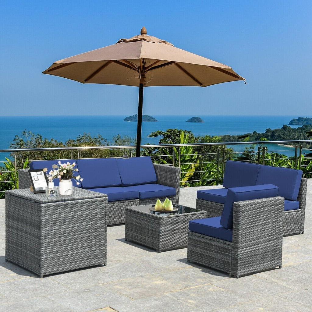 8 Piece Wicker Sectional Set with Storage Cabinet and Glass Coffee Table, Navy
