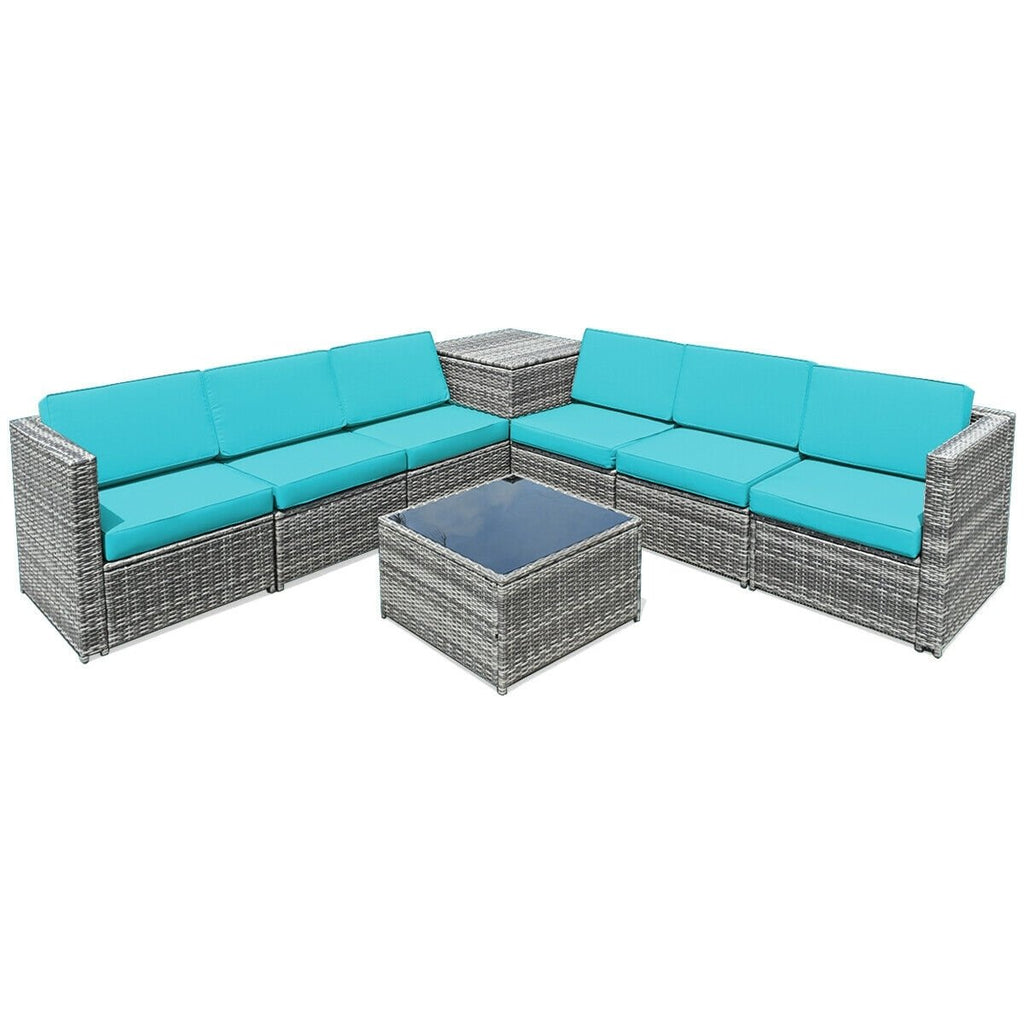 8 Piece Wicker Sectional Set with Storage Cabinet and Glass Coffee Table, Turquoise
