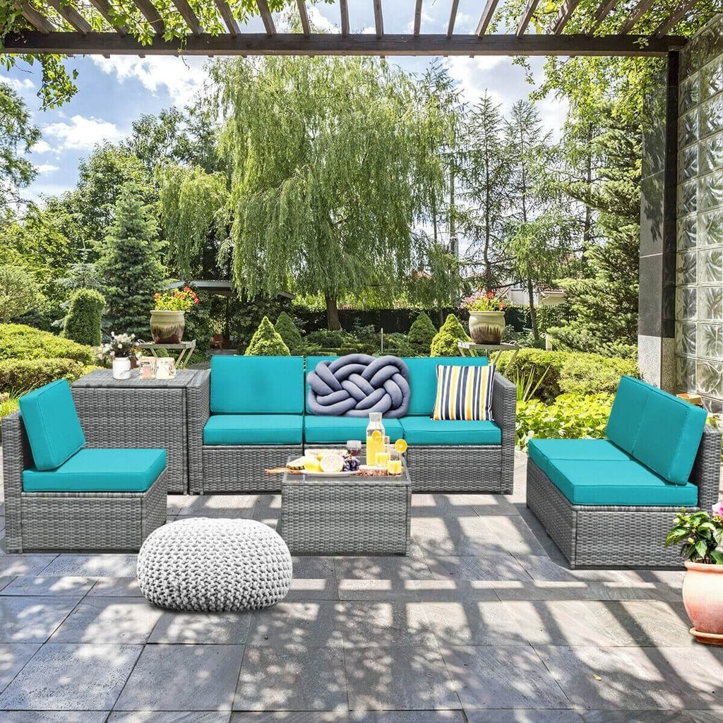 8 Piece Wicker Sectional Set with Storage Cabinet and Glass Coffee Table, Turquoise