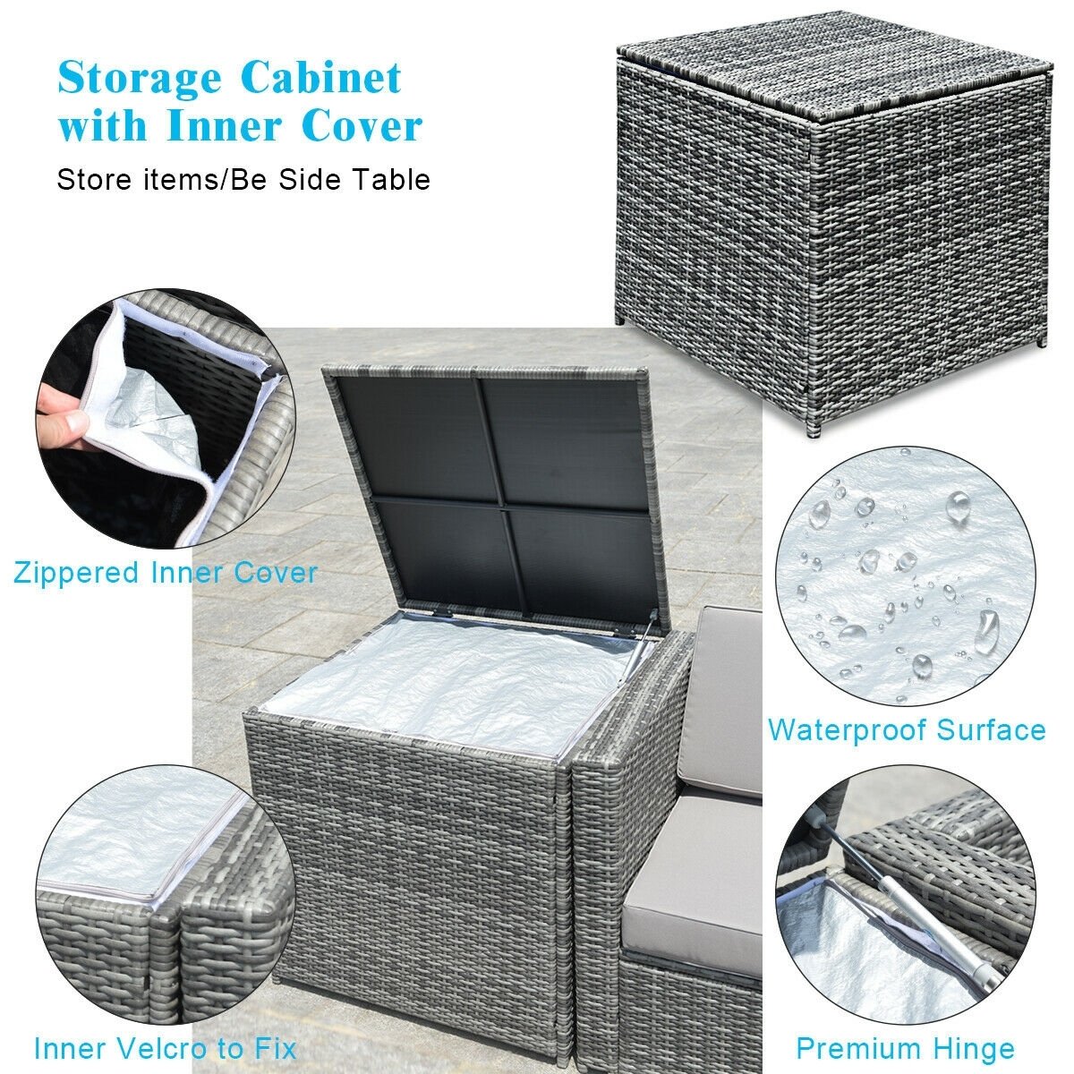 8 Piece Wicker Sectional Set with Storage Cabinet and Glass Coffee Table, Turquoise