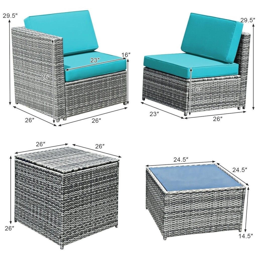 8 Piece Wicker Sectional Set with Storage Cabinet and Glass Coffee Table, Turquoise