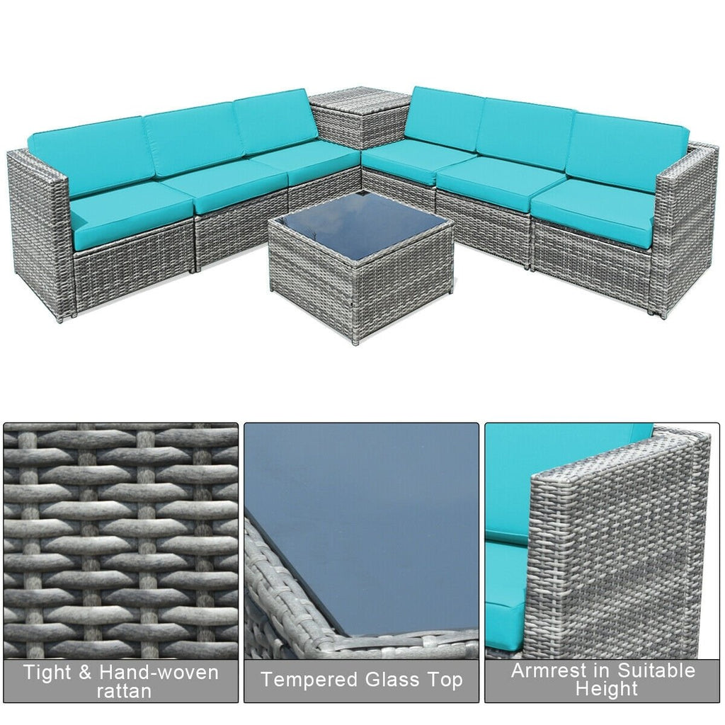8 Piece Wicker Sectional Set with Storage Cabinet and Glass Coffee Table, Turquoise